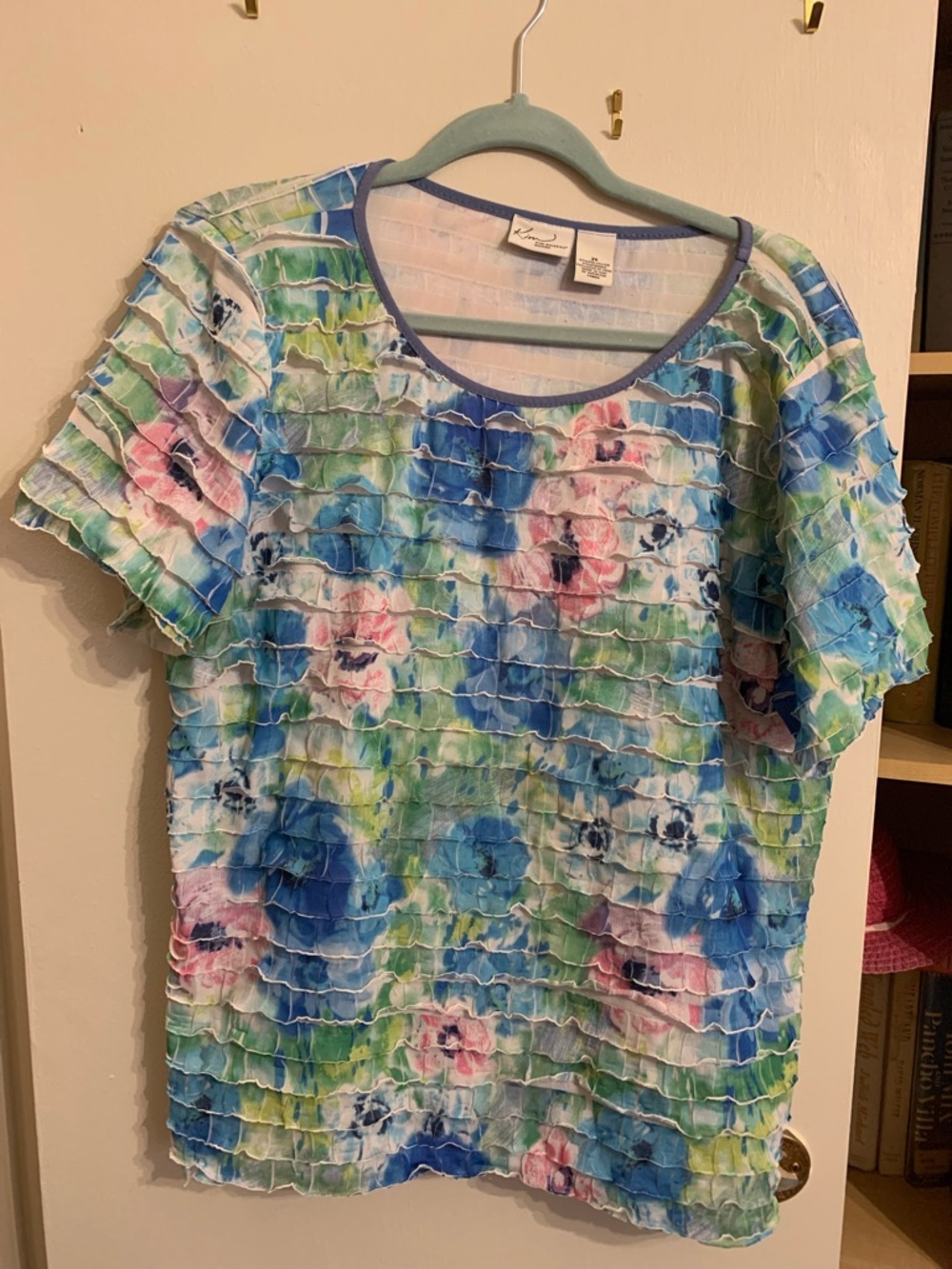 Kim Rogers Floral Ruffle Short-Sleeve Top in Blue, Green & Pink